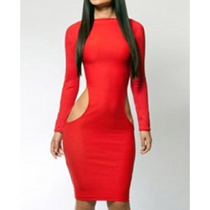 Solid Color Packet Buttock Cut Out Long Sleeve Sexy Style Dress For Women